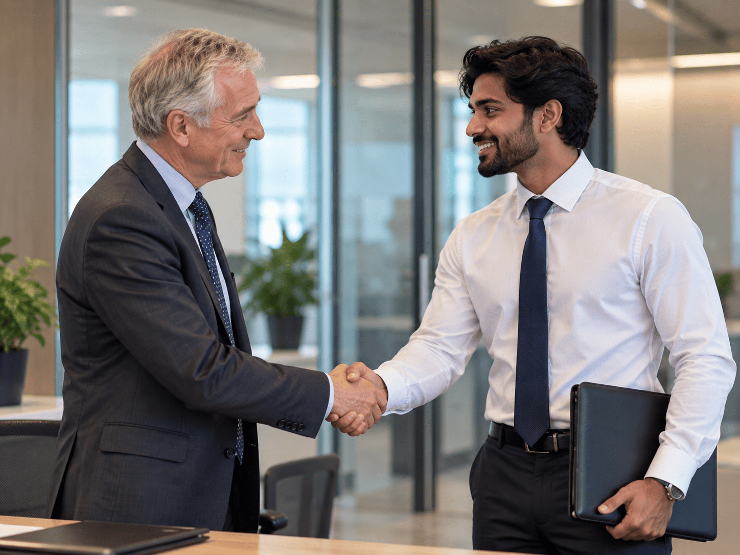 Two professionals shaking hands in an office.