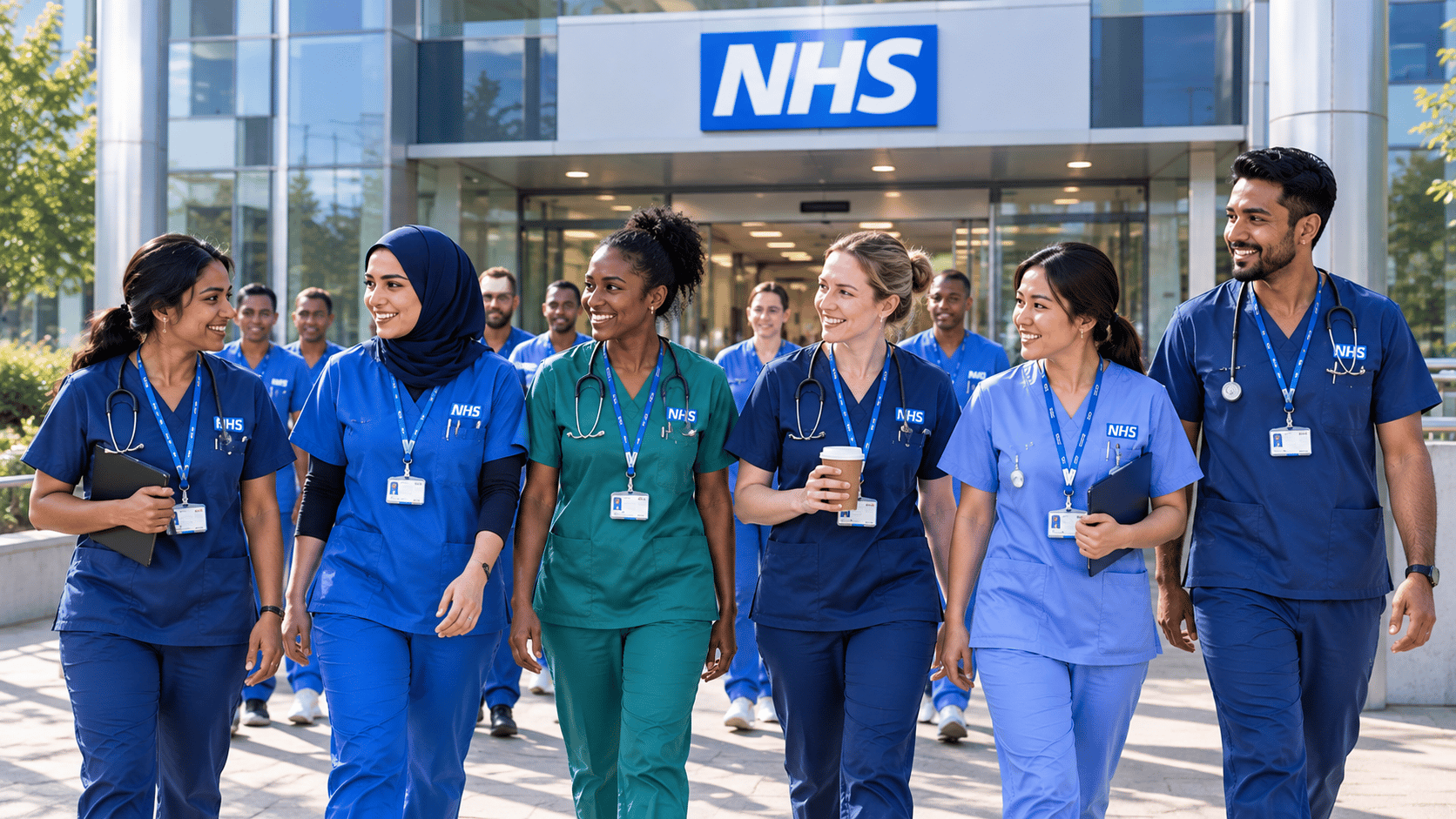 NHS healthcare professionals standing outside a hospital.