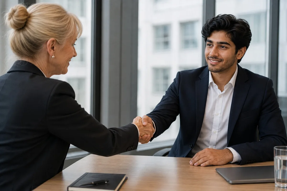 A student in a job interview across a desk from two interviewers.