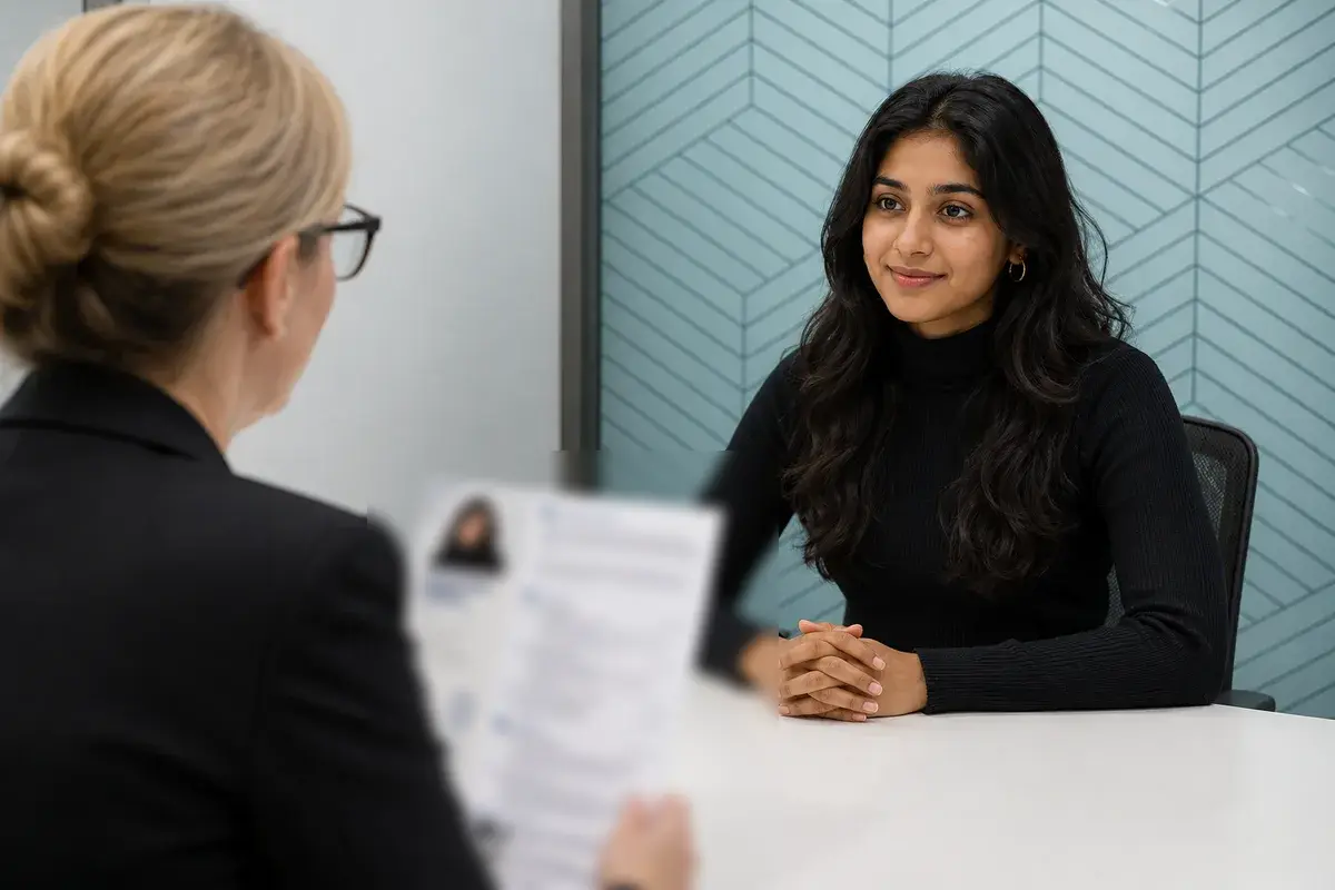 A student meeting an interviewer who is reading their CV.