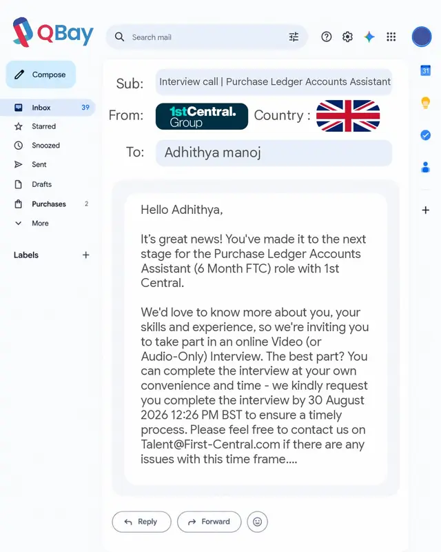 Interview call for Adhithya Manoj, Purchase Ledger role.