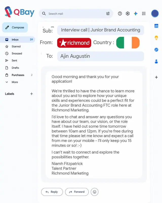 Interview call for Ajin Augustin, Junior Brand Accounting at Richmond Marketing in Ireland.