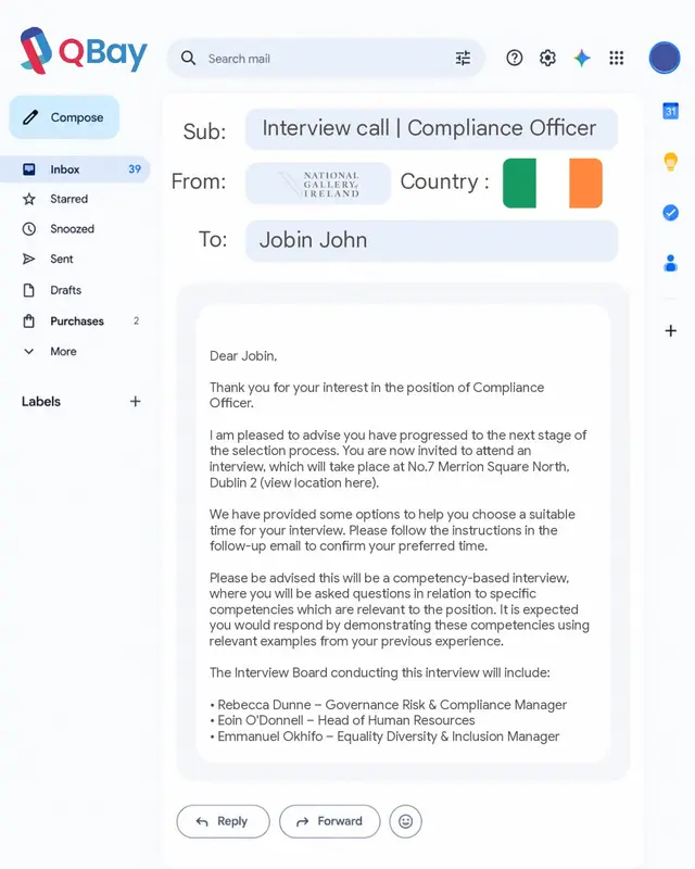 Interview call for Jobin John, Compliance Officer role.