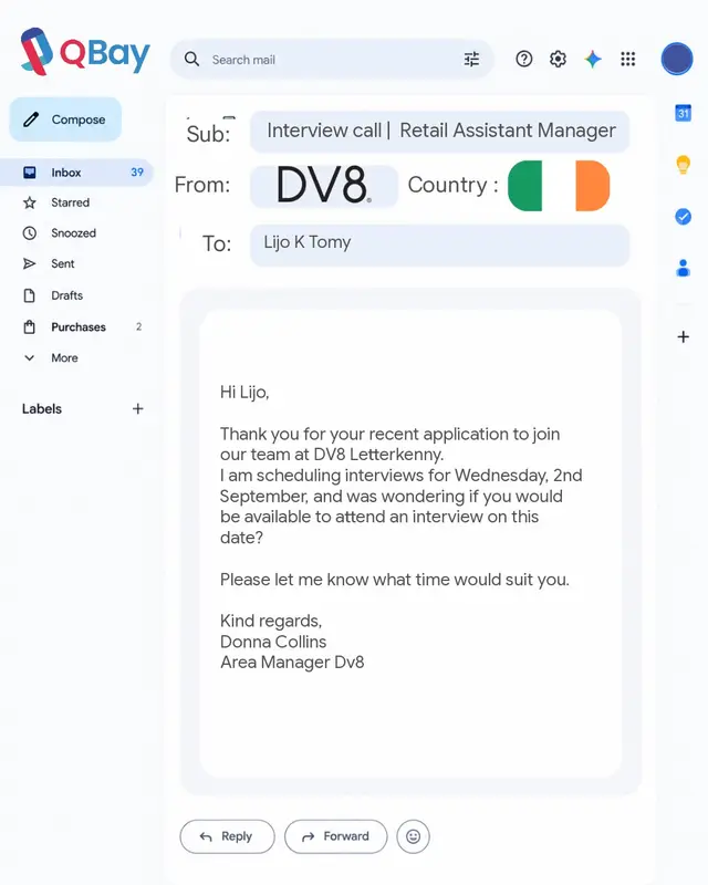 Interview call for Lijo K Tomy, Retail Assistant Manager at DV8 in Ireland.